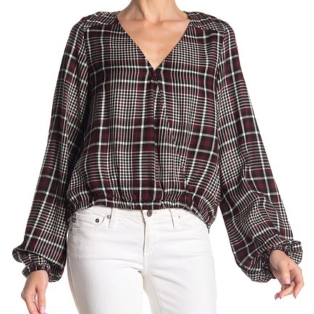 Sanctuary Surplice Red & Black Plaid Blouson Top Shirt Size Medium / M NEW